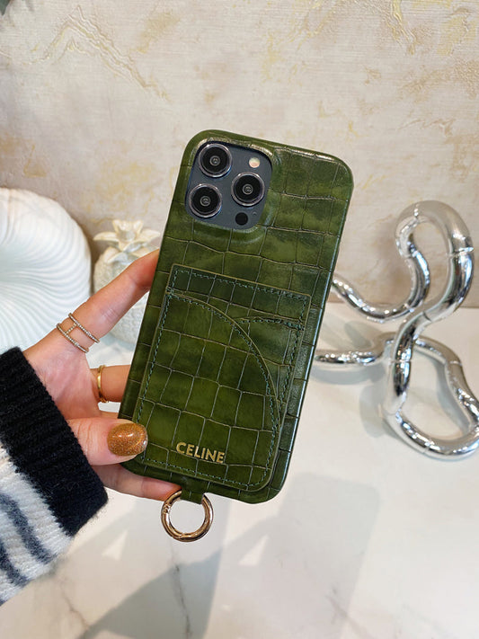 Funda para iPhone Celine con estampado de cocodrilo, tarjetero y correa, verde - EYP241415