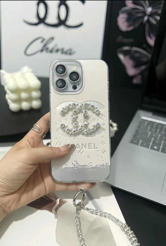 Elegante funda de cristal de lujo para iPhone con correa de pulsera