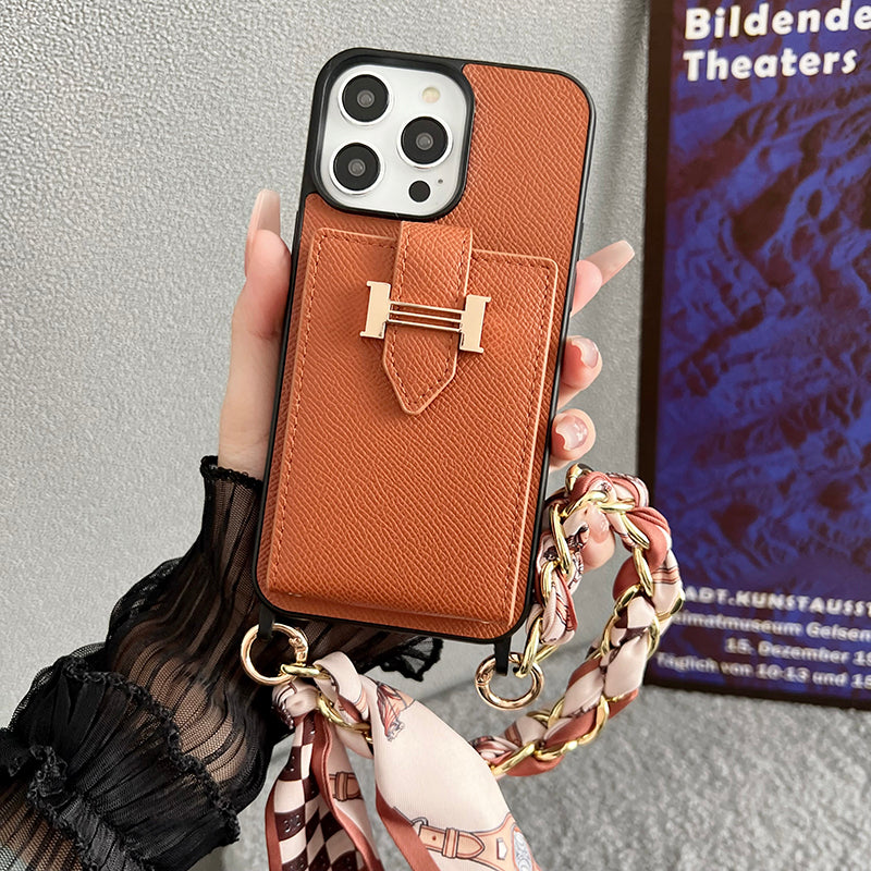 Funda de iPhone de cuero con bufandas y bolso de tarjeta H