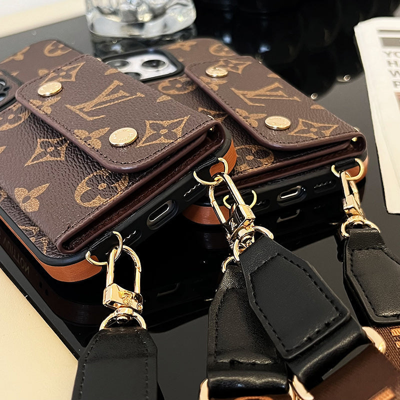 Funda de iPhone con cadena de bolso de tarjeta de lujo marrón