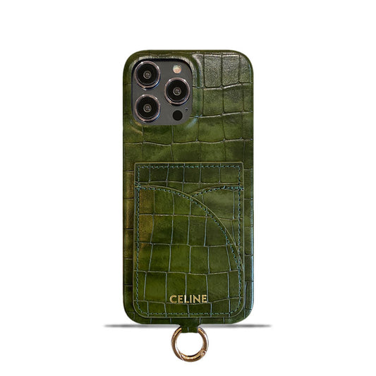 Funda para iPhone Celine con estampado de cocodrilo, tarjetero y correa, verde - EYP241415