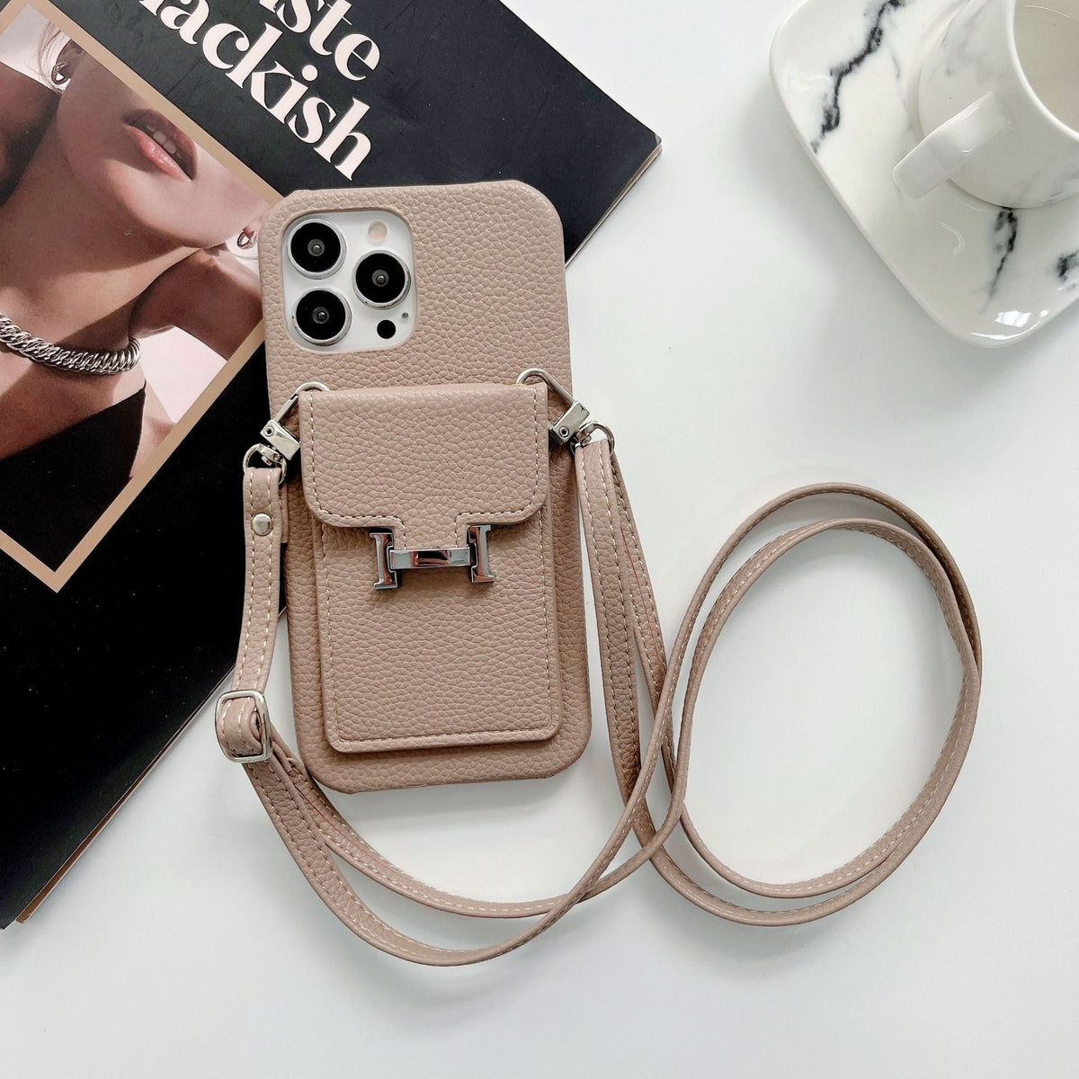 H-korthållare iPhone-fodral med läderkedja
