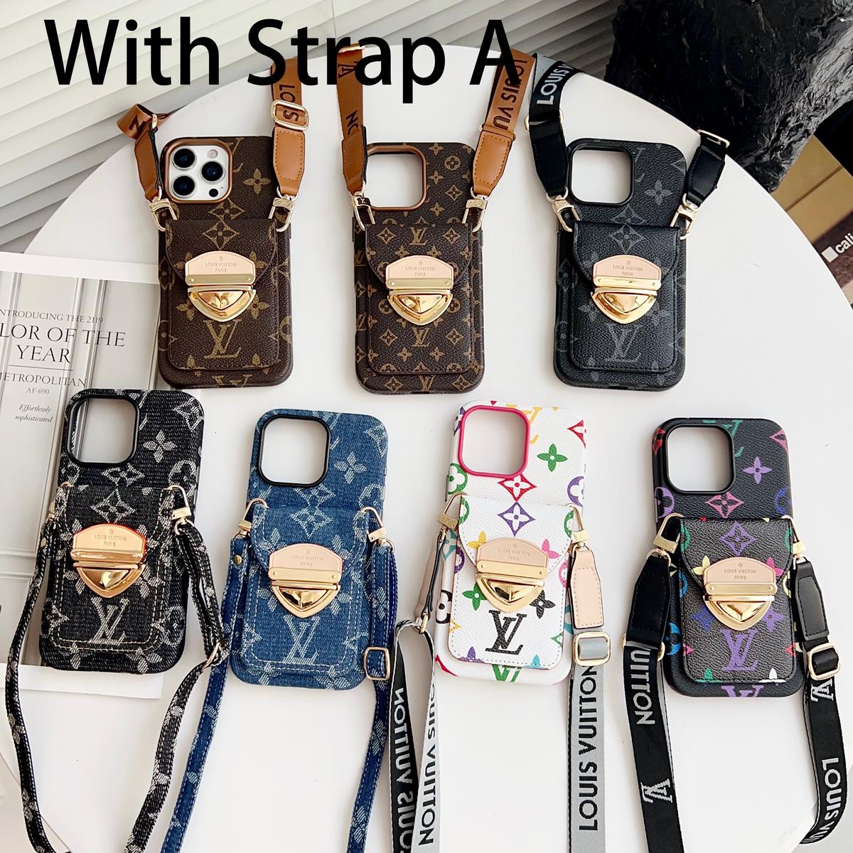 Funda cruzada de lujo para iPhone con bolsillo para tarjetas y correa desmontable
