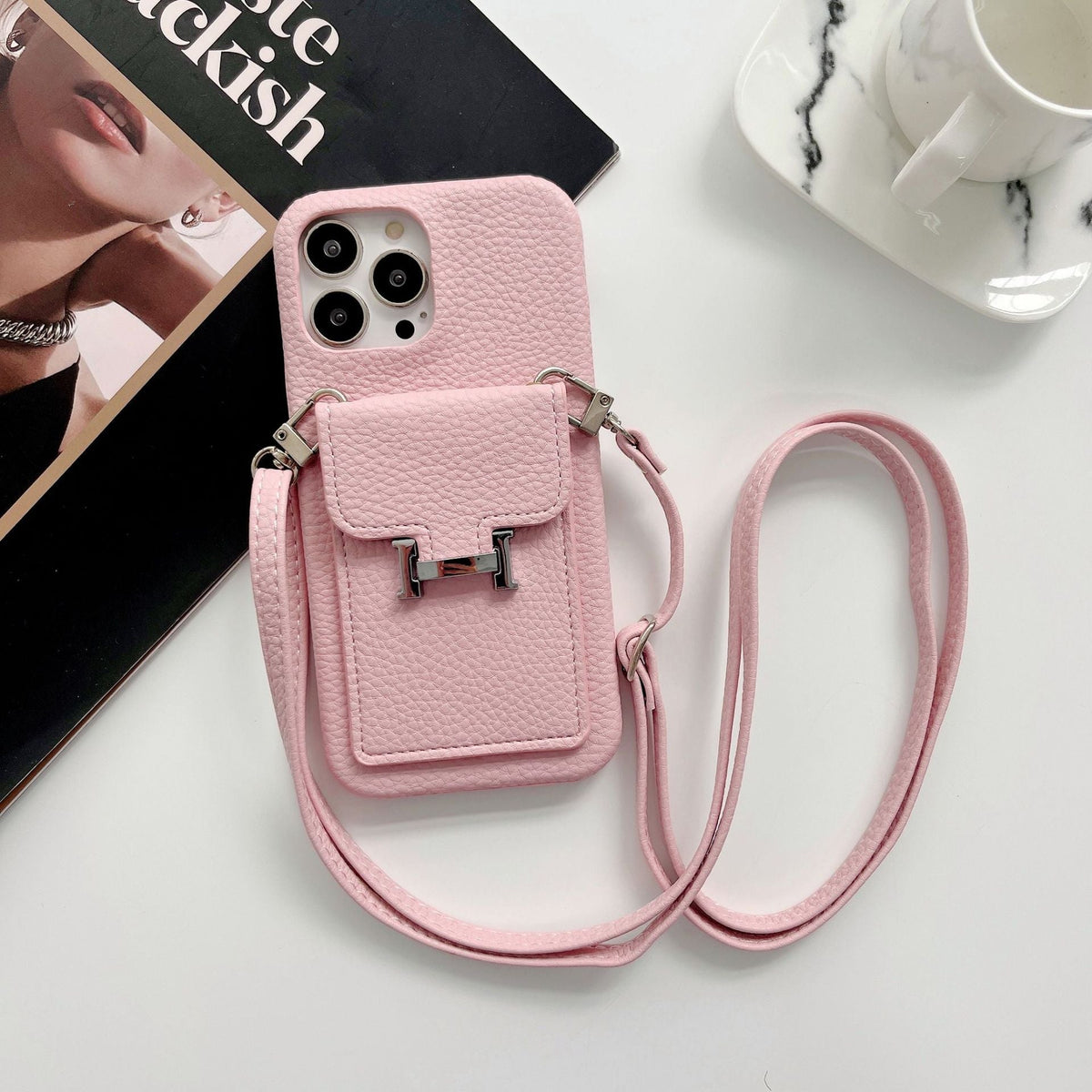 H-korthållare iPhone-fodral med läderkedja