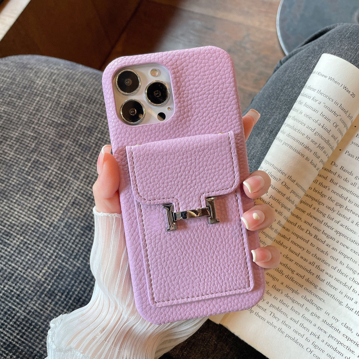 H-korthållare iPhone-fodral i läder
