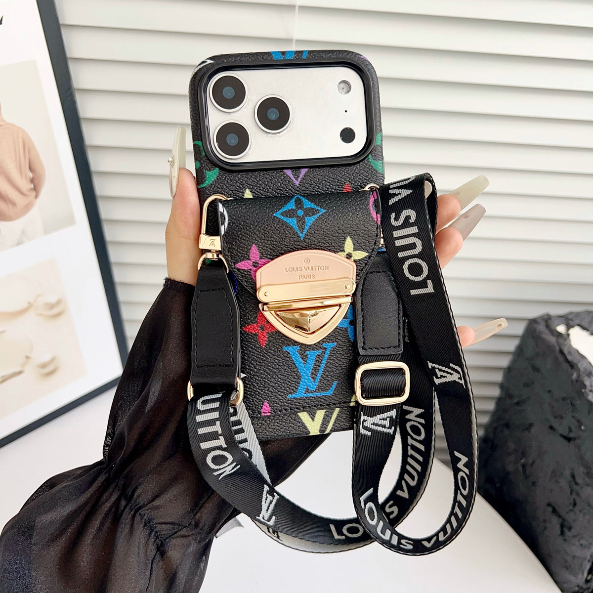 Funda cruzada de lujo para iPhone con bolsillo para tarjetas y correa desmontable