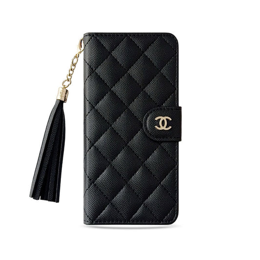 Funda de lujo tipo billetera acolchada para iPhone con borla y cierre dorado