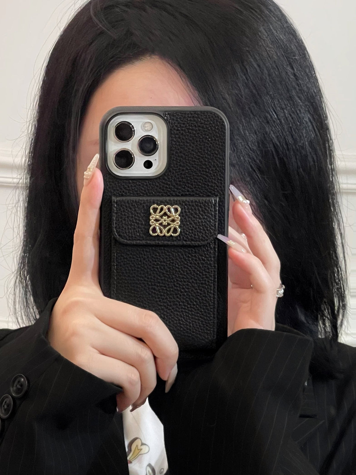 Funda de lujo para iPhone con tarjetero negro-QBK240603