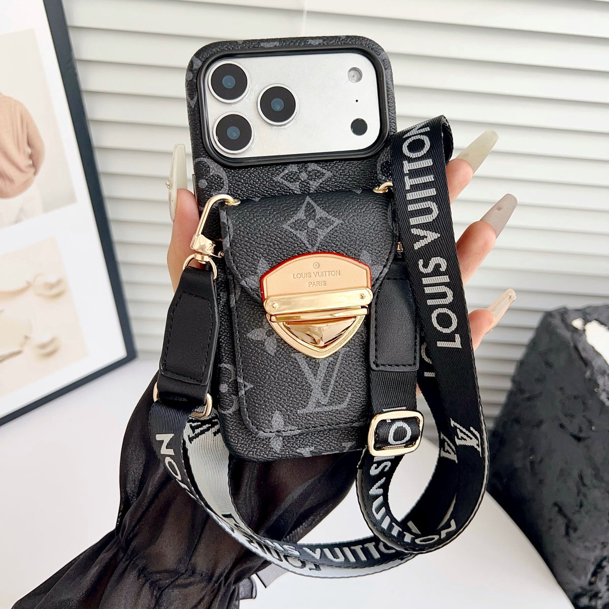 Funda cruzada de lujo para iPhone con bolsillo para tarjetas y correa desmontable