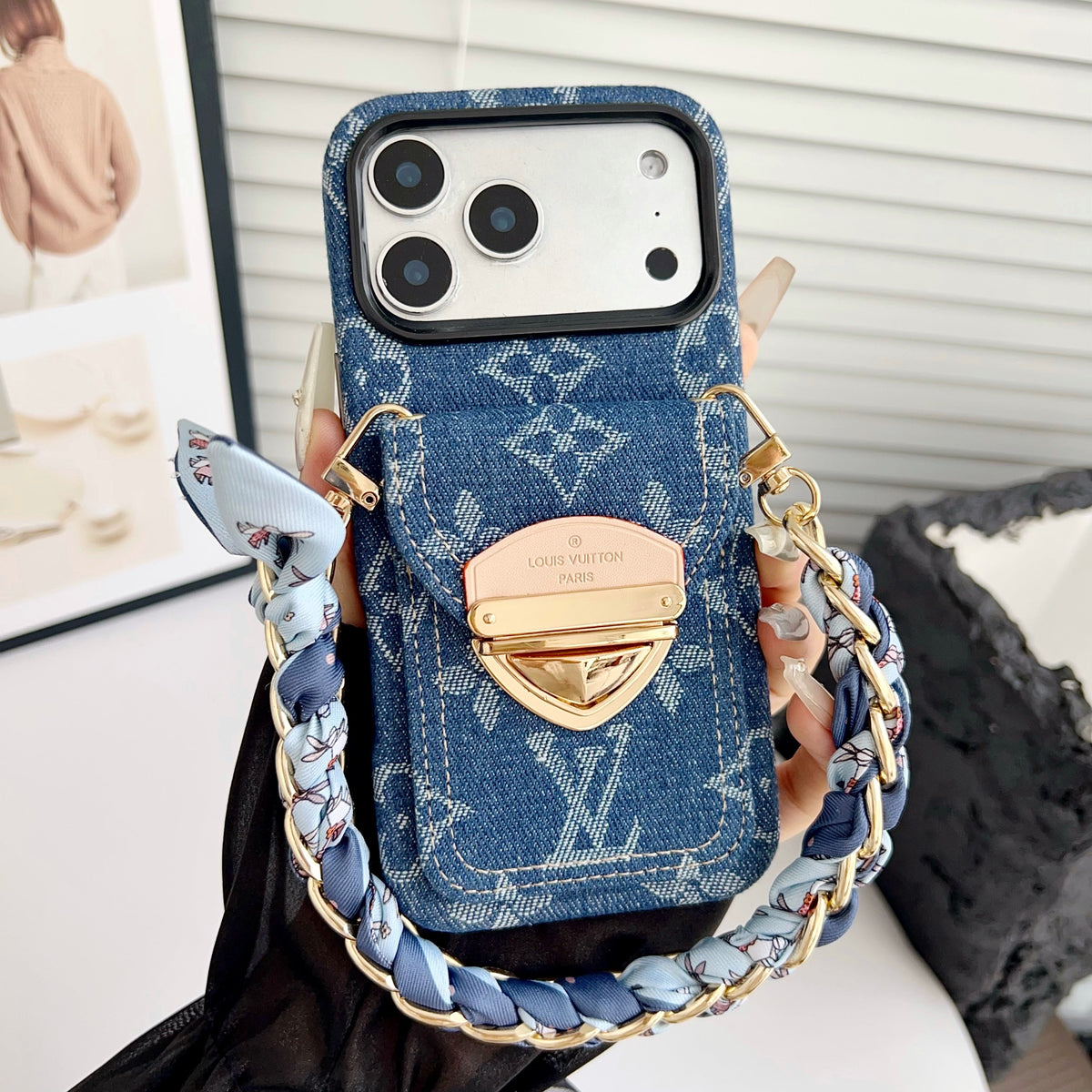 Funda cruzada de lujo para iPhone con bolsillo para tarjetas y correa desmontable
