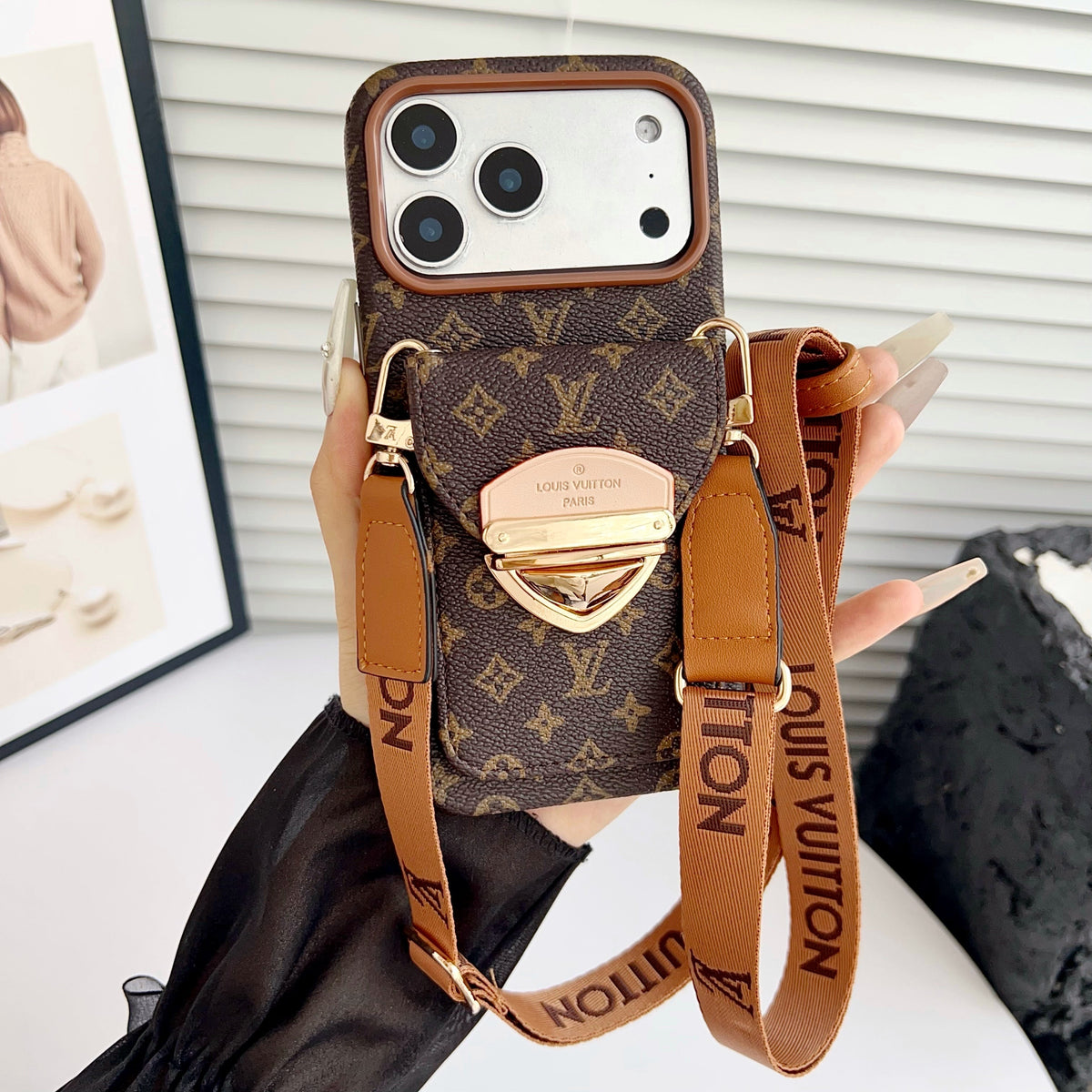 Funda cruzada de lujo para iPhone con bolsillo para tarjetas y correa desmontable
