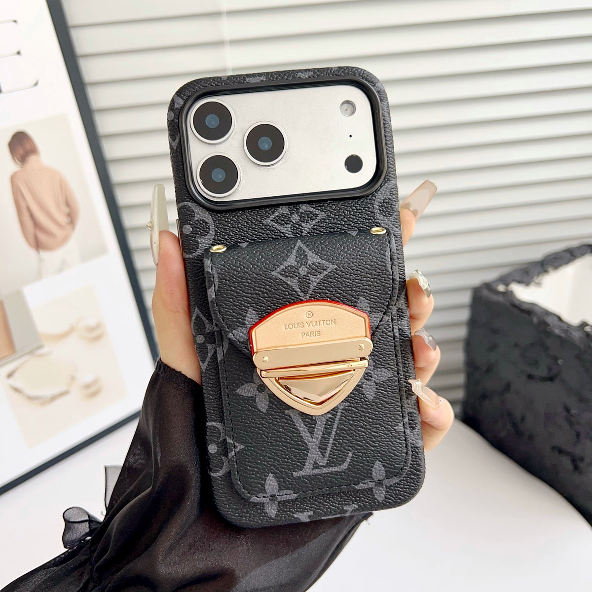 Funda cruzada de lujo para iPhone con bolsillo para tarjetas y correa desmontable