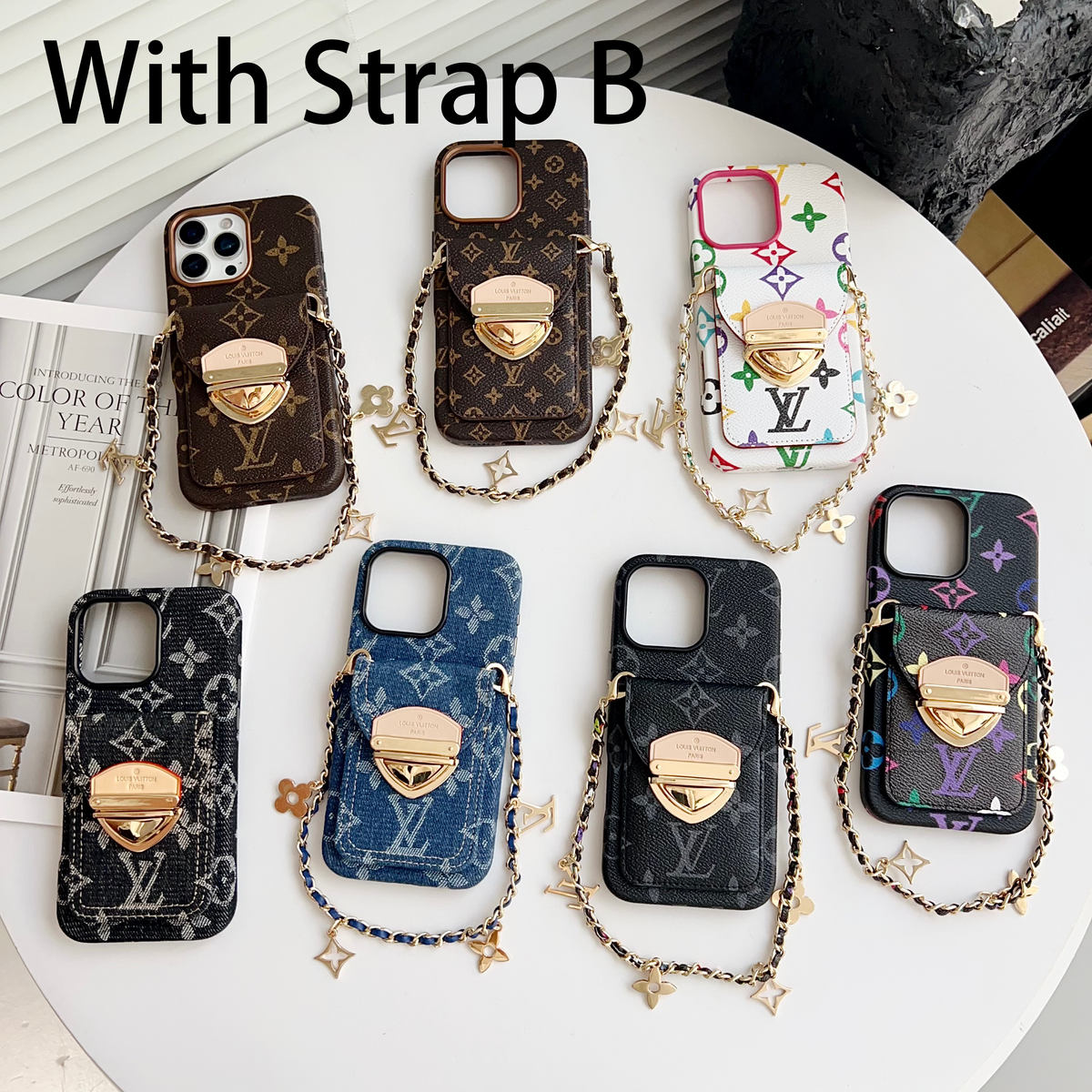 Funda cruzada de lujo para iPhone con bolsillo para tarjetas y correa desmontable