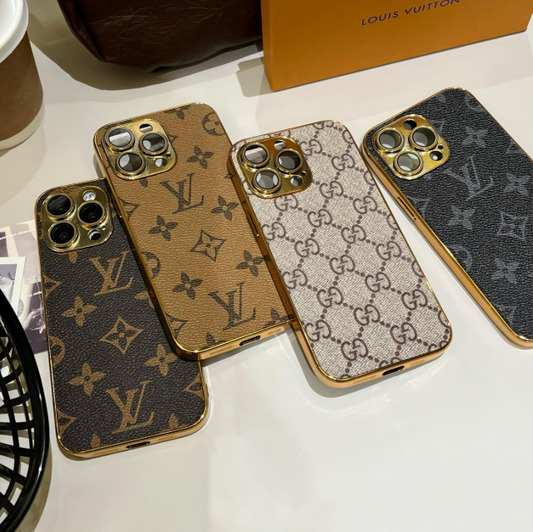 Funda clásica de lujo para iPhone con monograma y bordes dorados galvanizados