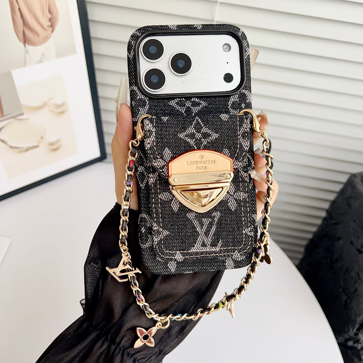 Funda cruzada de lujo para iPhone con bolsillo para tarjetas y correa desmontable