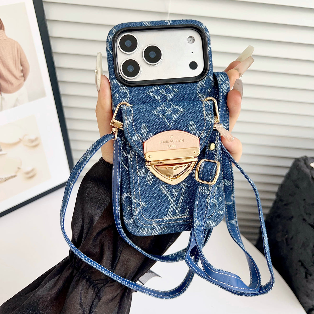 Funda cruzada de lujo para iPhone con bolsillo para tarjetas y correa desmontable