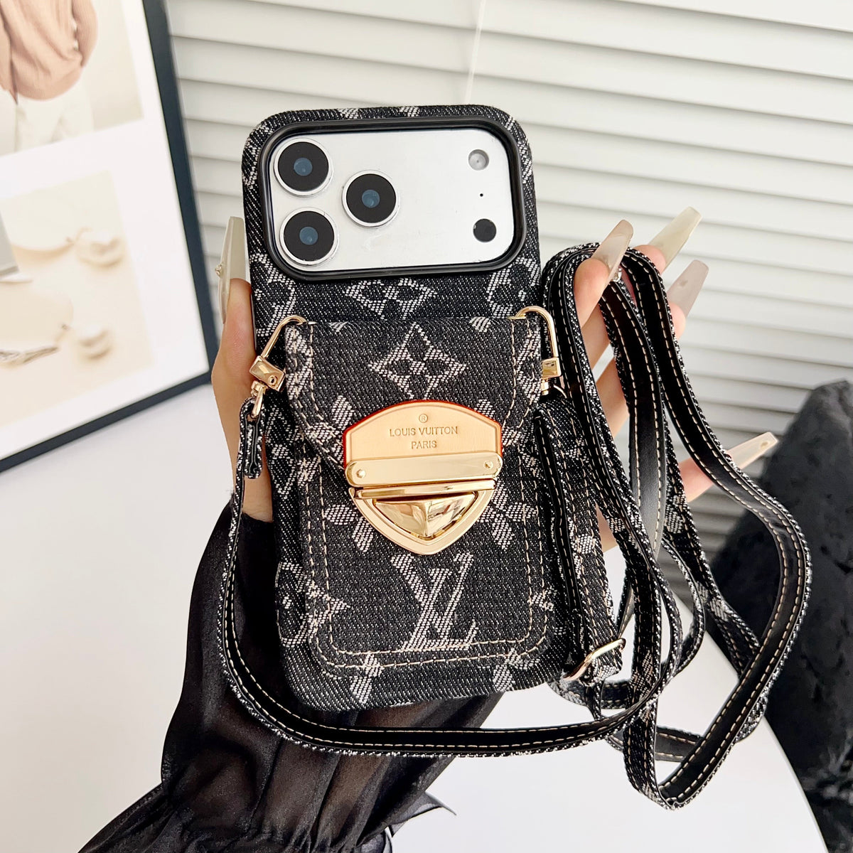 Funda cruzada de lujo para iPhone con bolsillo para tarjetas y correa desmontable