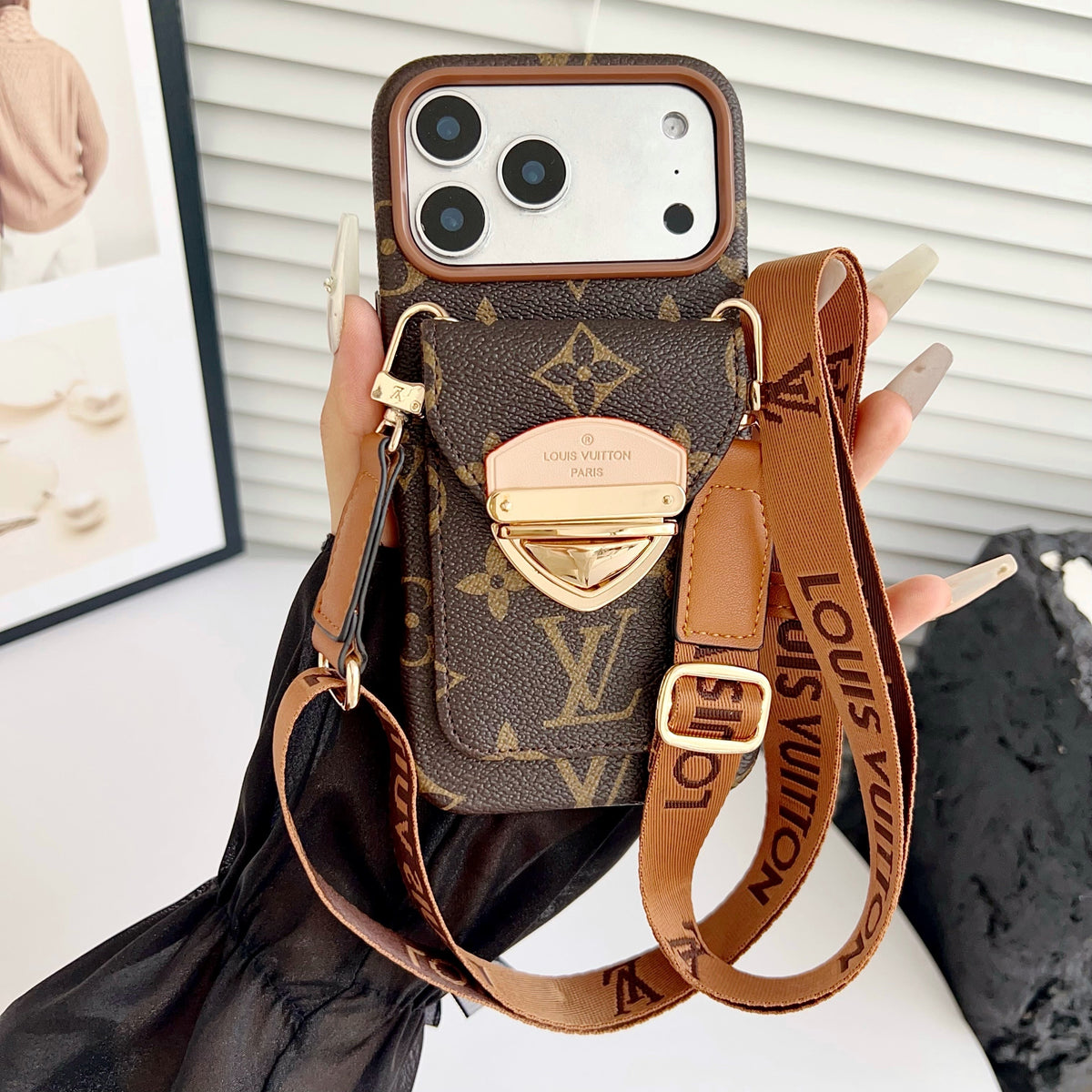 Funda cruzada de lujo para iPhone con bolsillo para tarjetas y correa desmontable