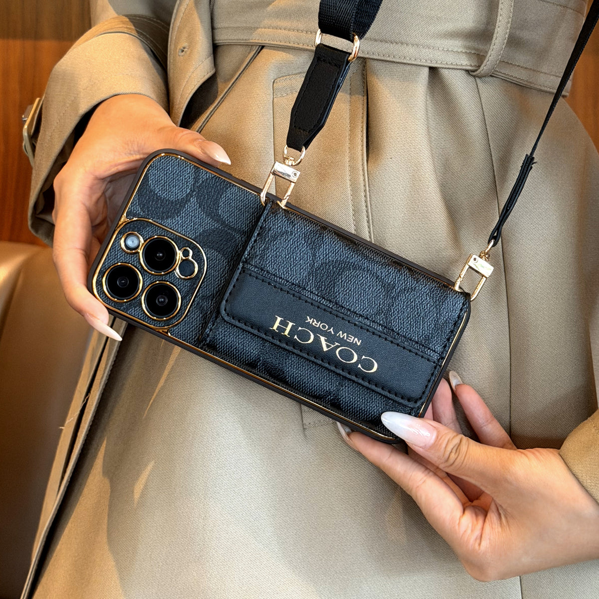 Funda vintage para iPhone con monograma, tarjetero y correa ajustable