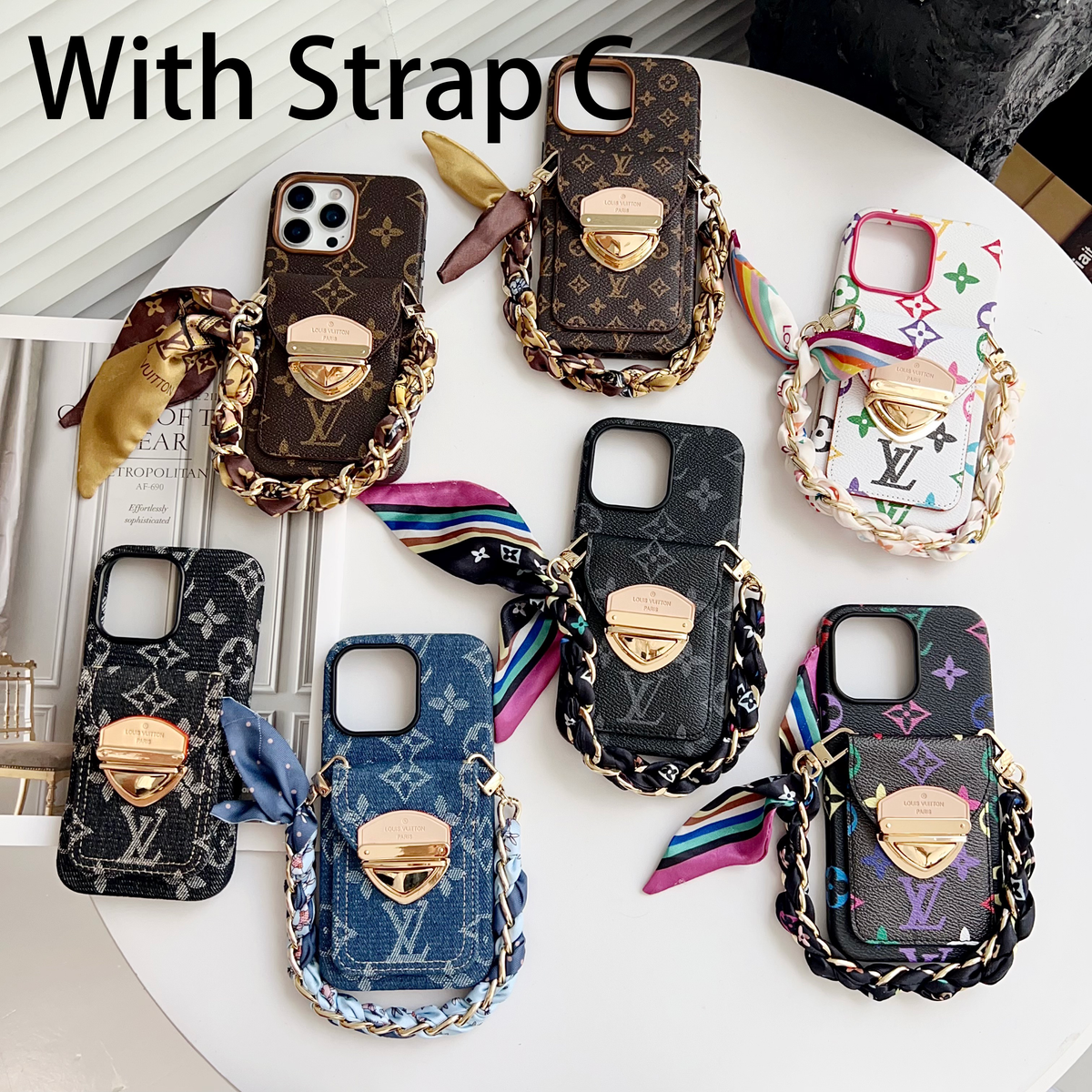 Funda cruzada de lujo para iPhone con bolsillo para tarjetas y correa desmontable