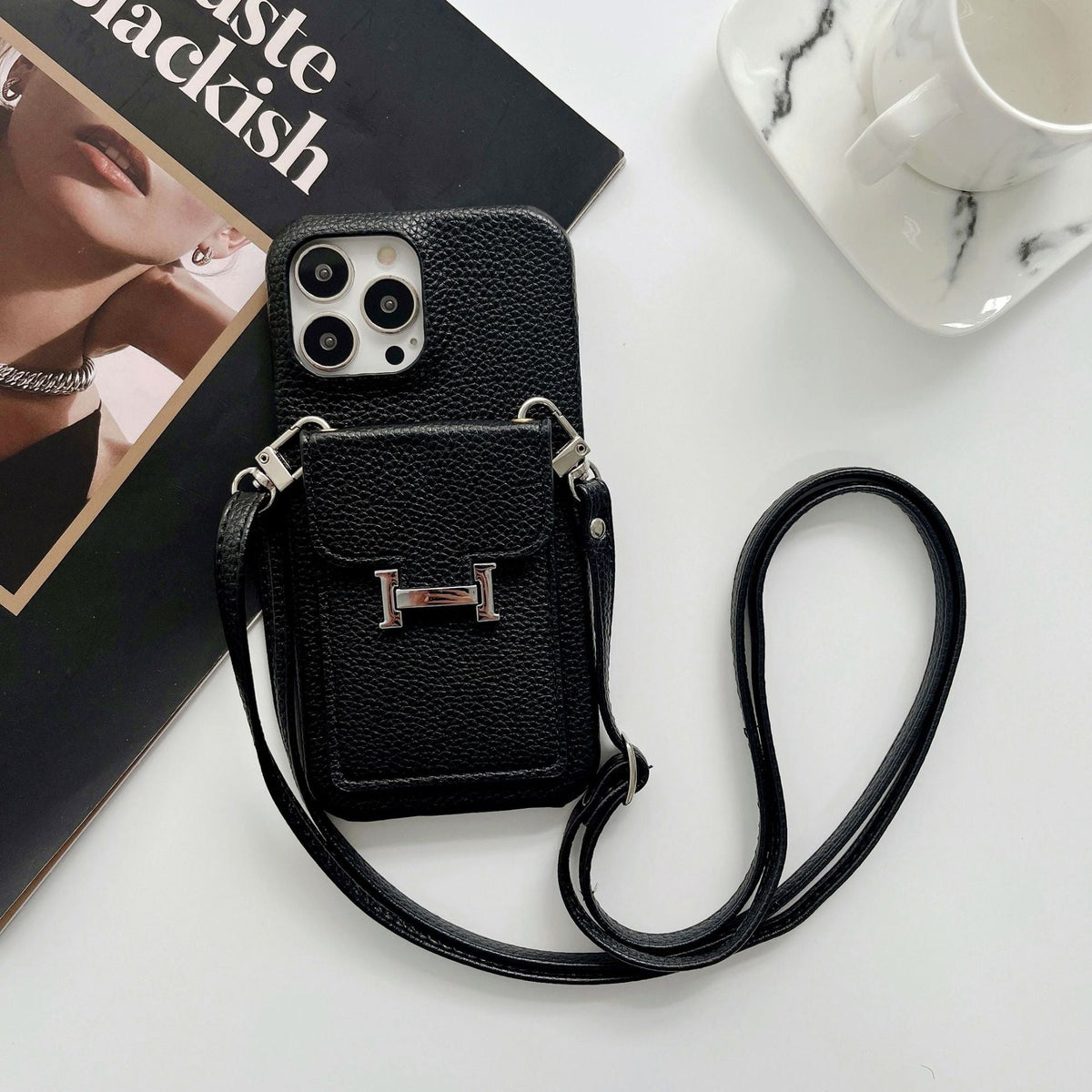 H-korthållare iPhone-fodral med läderkedja