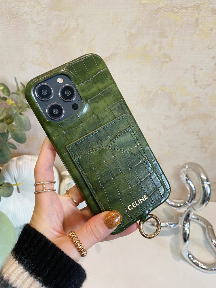 Alligator Print Celine iPhone-fodral med korthållare och rem Grön -EYP241415