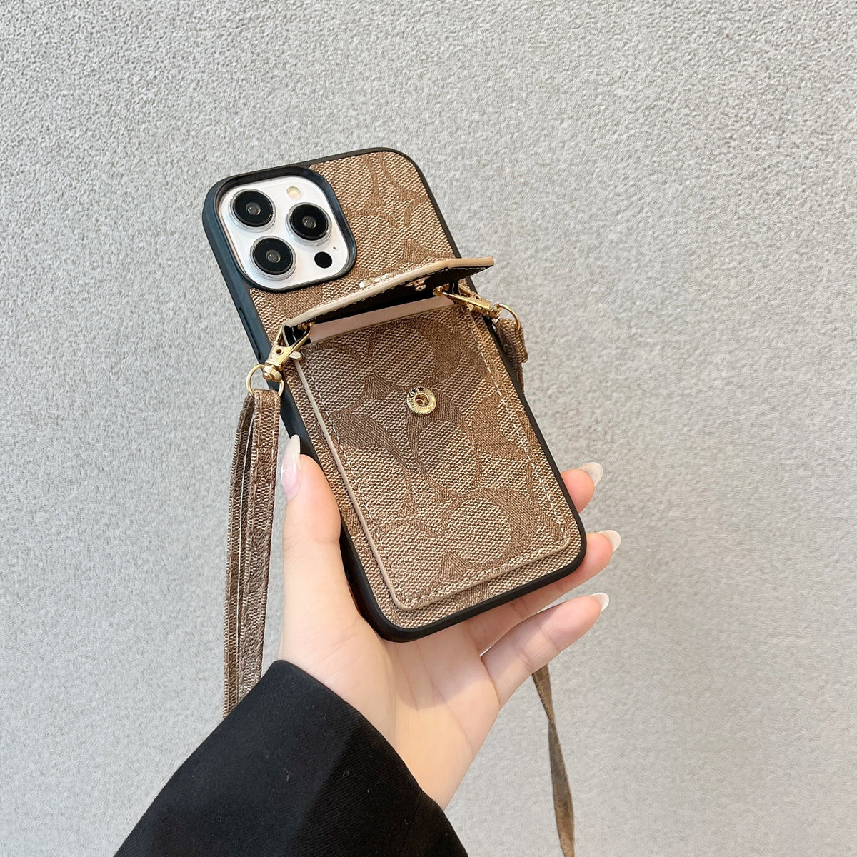 Klassiskt iPhonefodral med korthållare och rem Ljusbrun -SJ240513