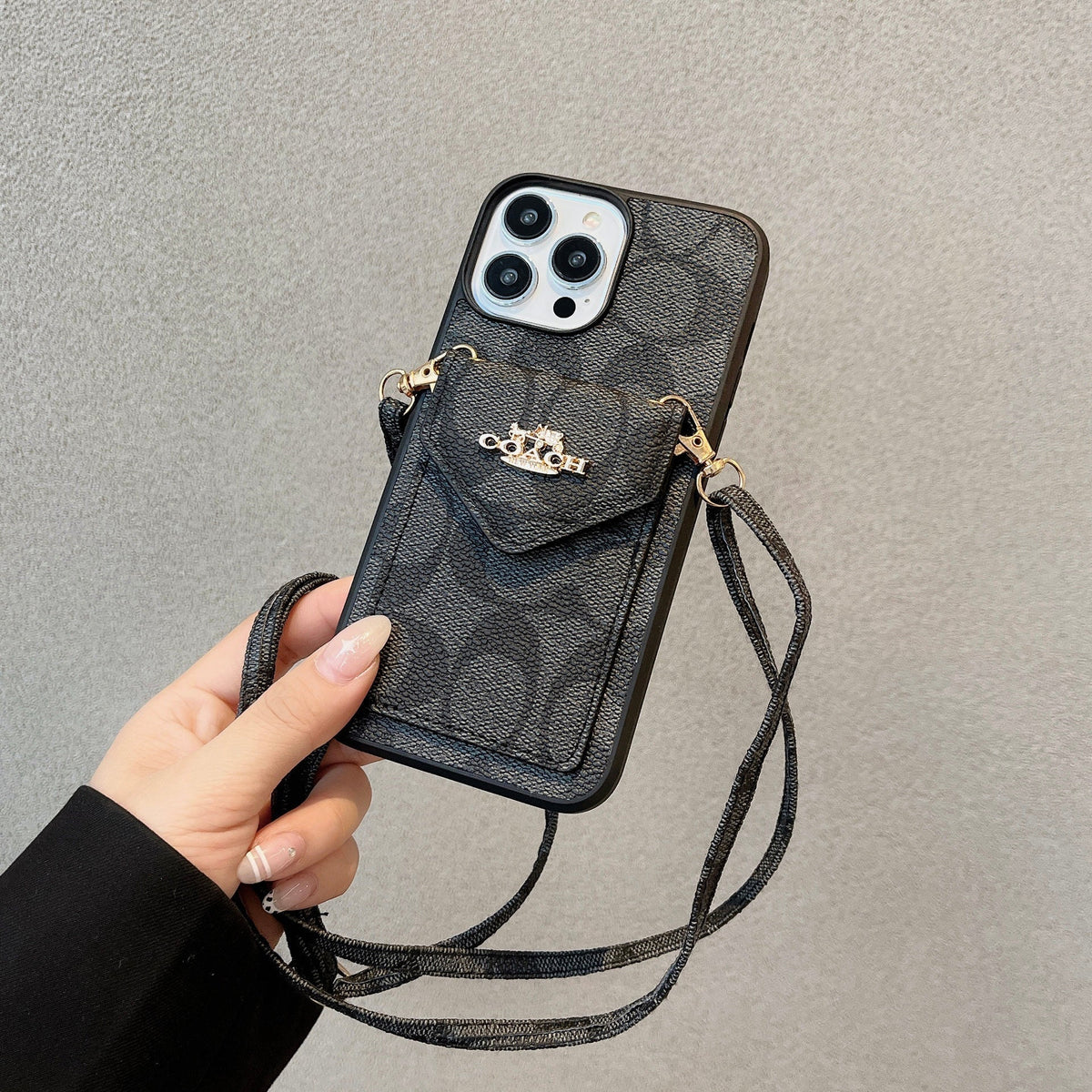 Klassiskt iPhonefodral Med Korthållare Och Rem Ljus Svart -SJ240513