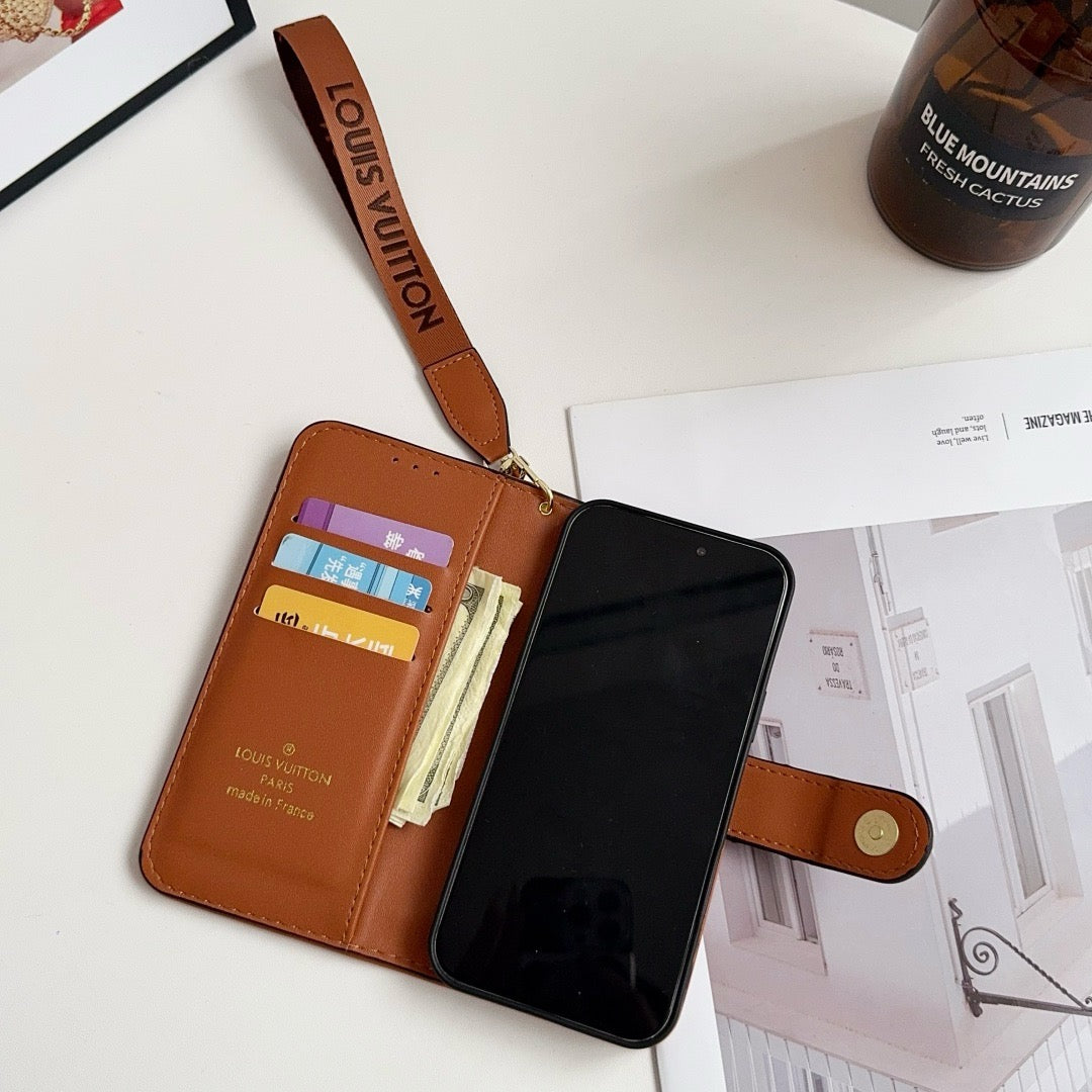 Lyxigt lyxigt plånboksfodral i iPhone med korthållare och rem