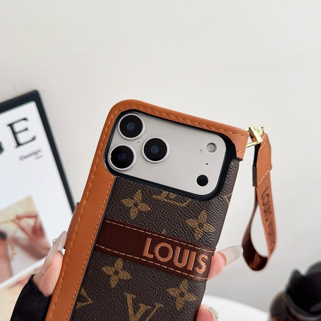 Lyxigt lyxigt plånboksfodral i iPhone med korthållare och rem