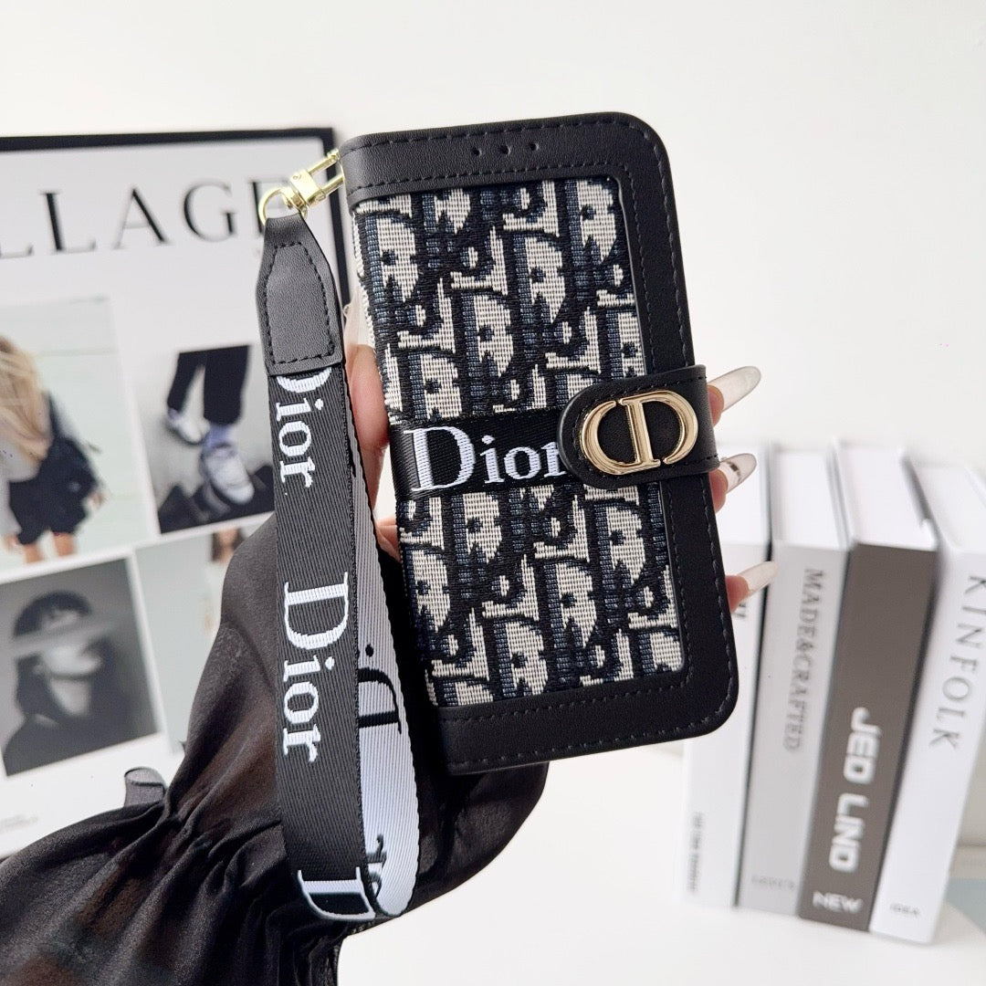 Funda para iPhone con billetera y diseño elegante a la moda con correa para muñeca desmontable