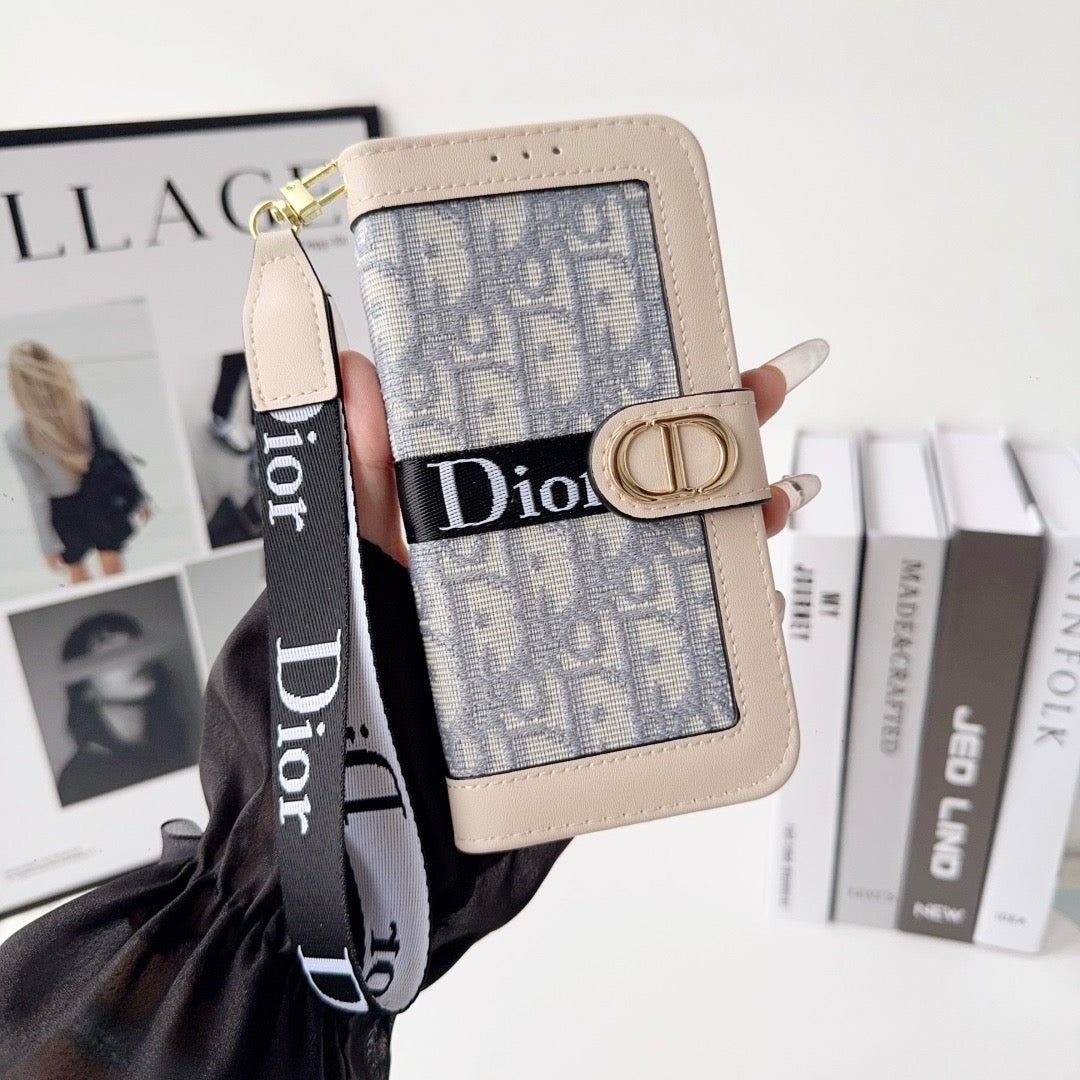 Funda para iPhone con billetera y diseño elegante a la moda con correa para muñeca desmontable