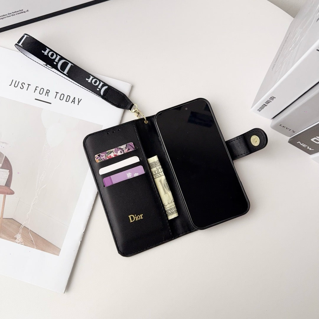 Funda para iPhone con billetera y diseño elegante a la moda con correa para muñeca desmontable