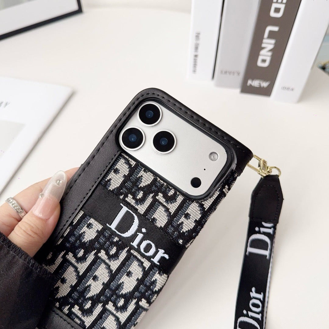 Funda para iPhone con billetera y diseño elegante a la moda con correa para muñeca desmontable