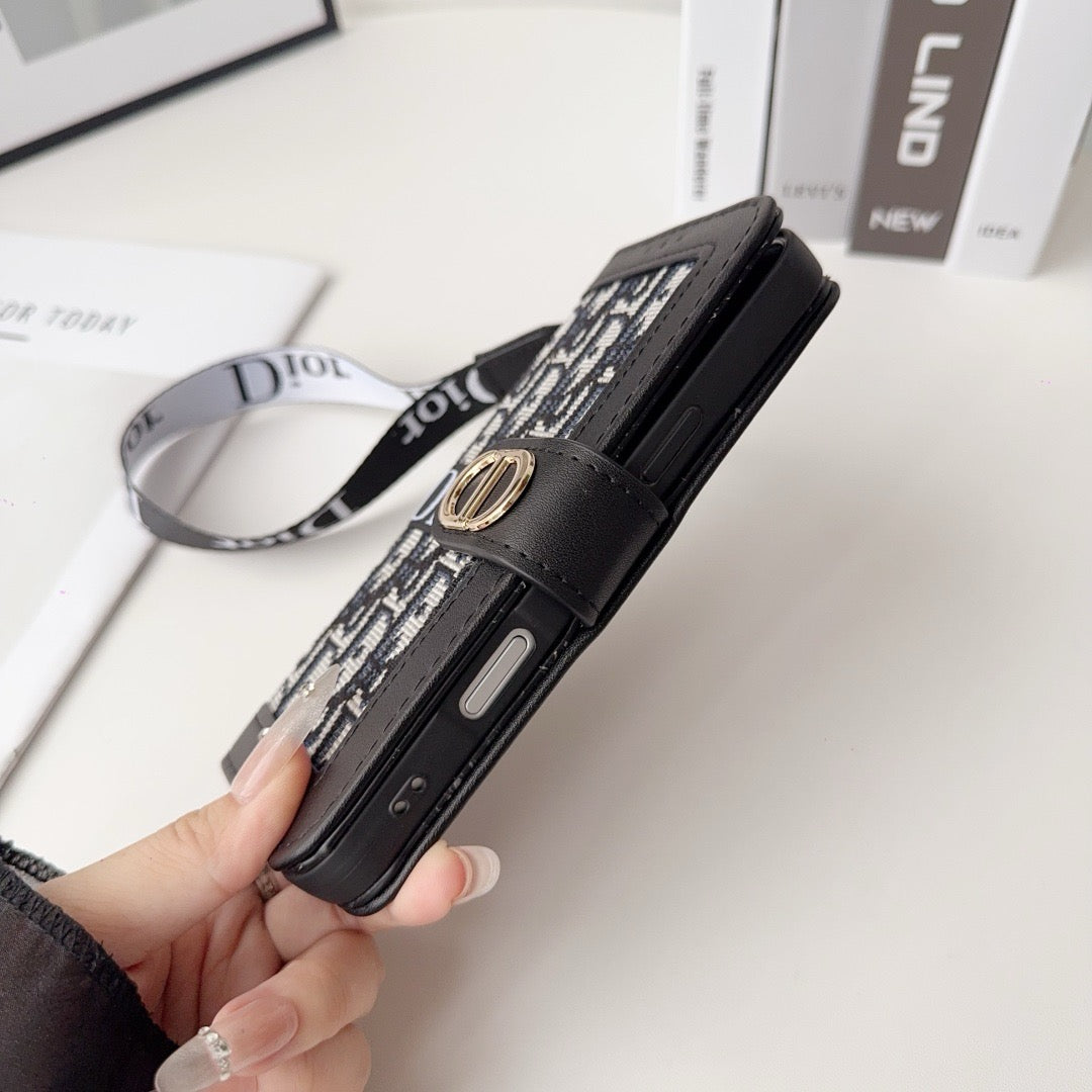 Funda para iPhone con billetera y diseño elegante a la moda con correa para muñeca desmontable