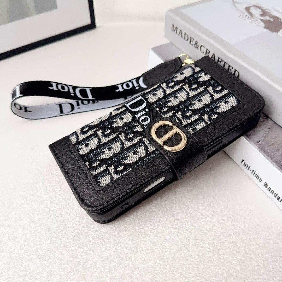 Funda para iPhone con billetera y diseño elegante a la moda con correa para muñeca desmontable