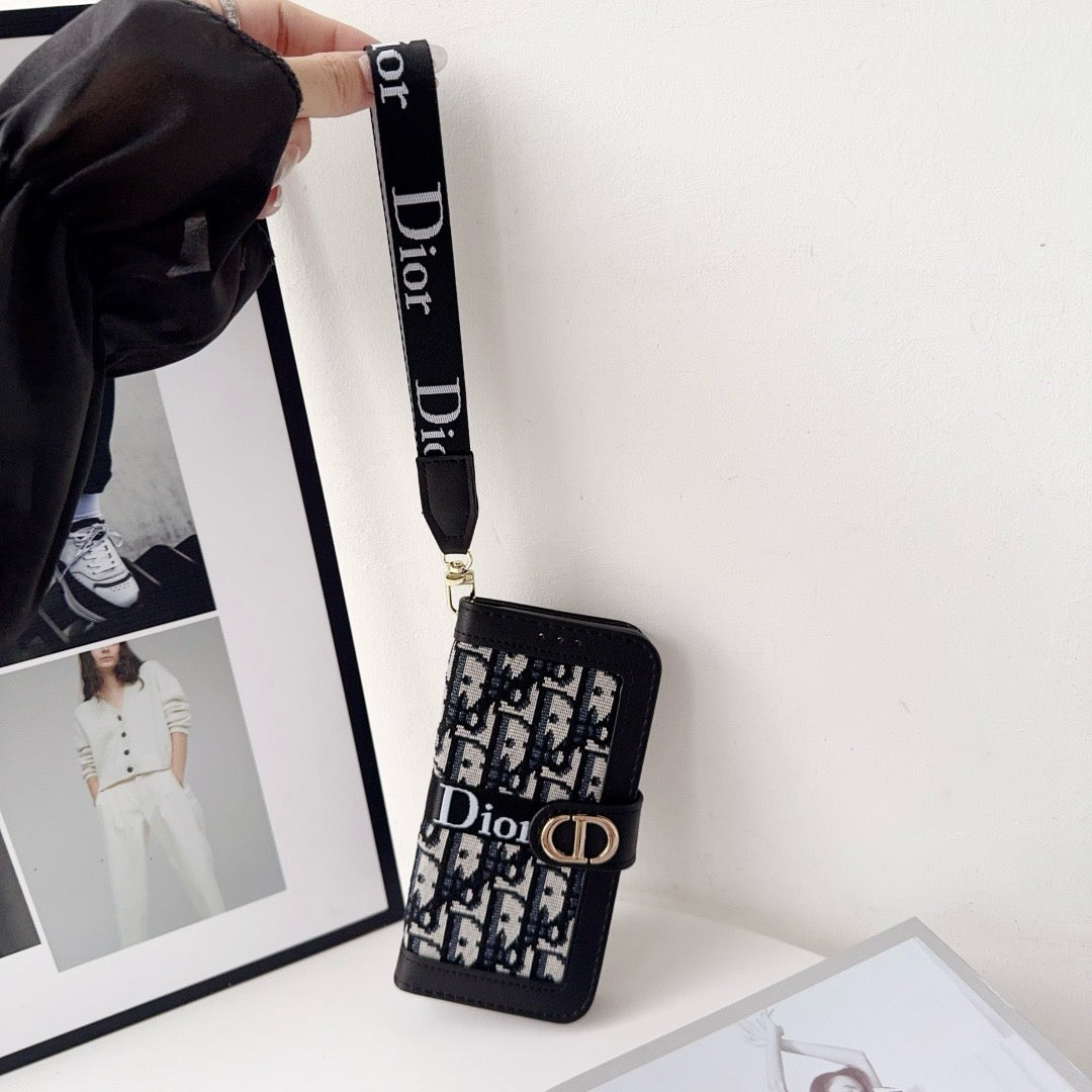 Funda para iPhone con billetera y diseño elegante a la moda con correa para muñeca desmontable