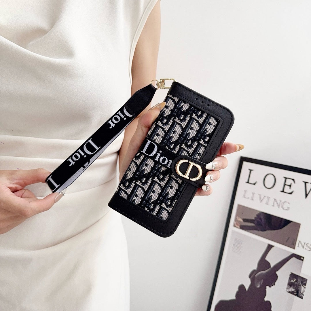 Funda para iPhone con billetera y diseño elegante a la moda con correa para muñeca desmontable