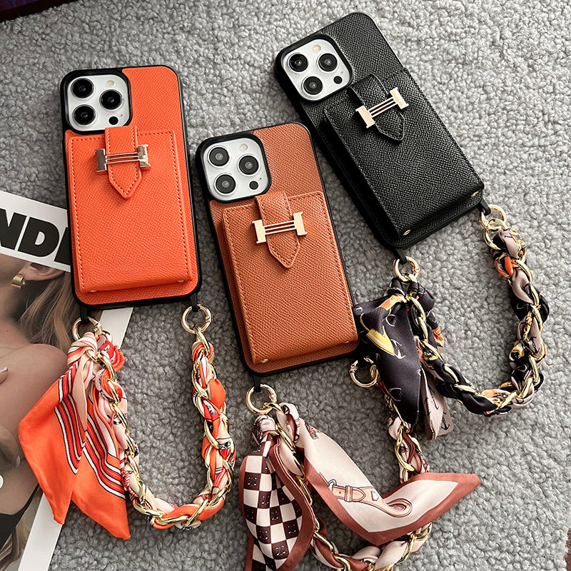 Funda de iPhone de cuero con bufandas y bolso de tarjeta H