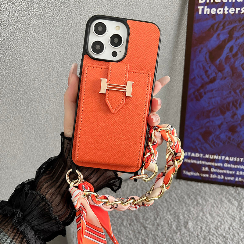 Funda de iPhone de cuero con bufandas y bolso de tarjeta H