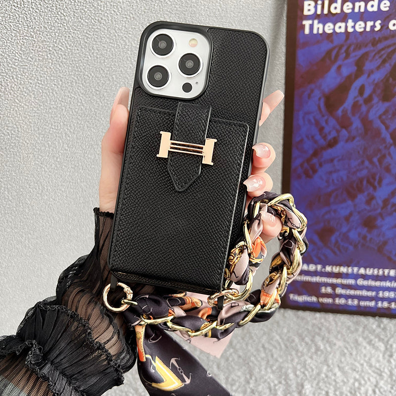 Funda de iPhone de cuero con bufandas y bolso de tarjeta H