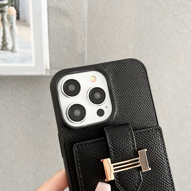 Funda de iPhone de cuero con bufandas y bolso de tarjeta H