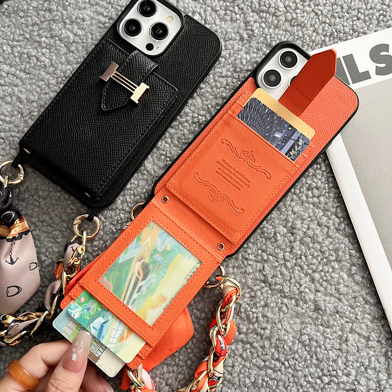 Funda de iPhone de cuero con bufandas y bolso de tarjeta H