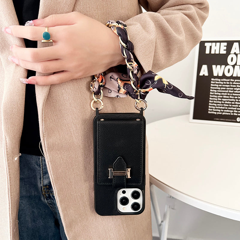 Funda de iPhone de cuero con bufandas y bolso de tarjeta H