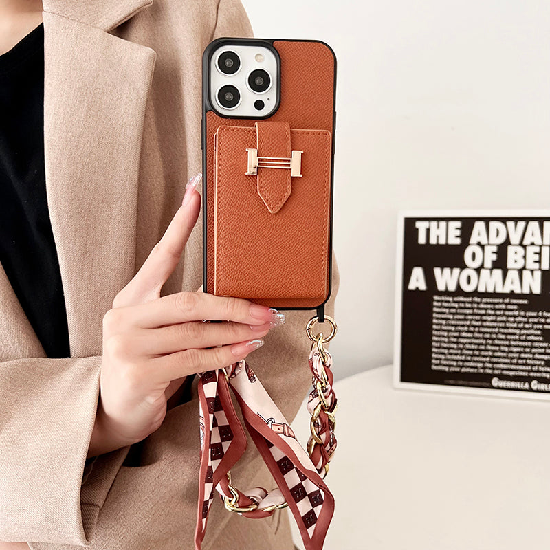 Funda de iPhone de cuero con bufandas y bolso de tarjeta H