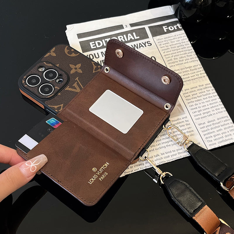 Funda de iPhone con cadena de bolso de tarjeta de lujo marrón