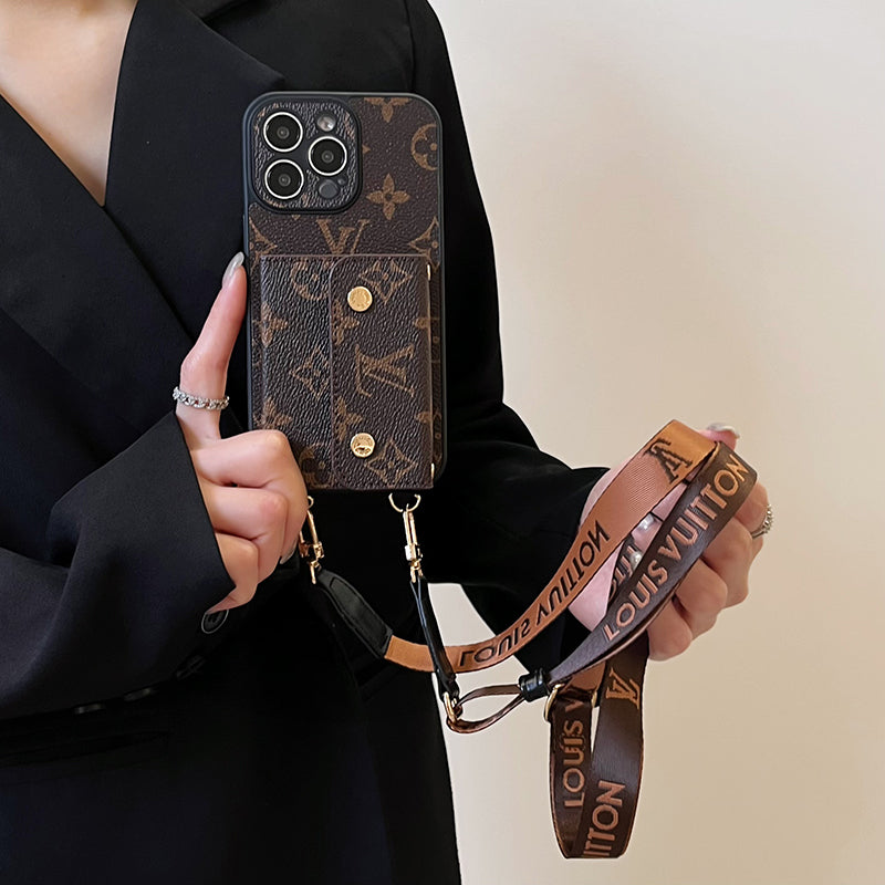 Funda de iPhone con cadena de bolso de tarjeta de lujo marrón