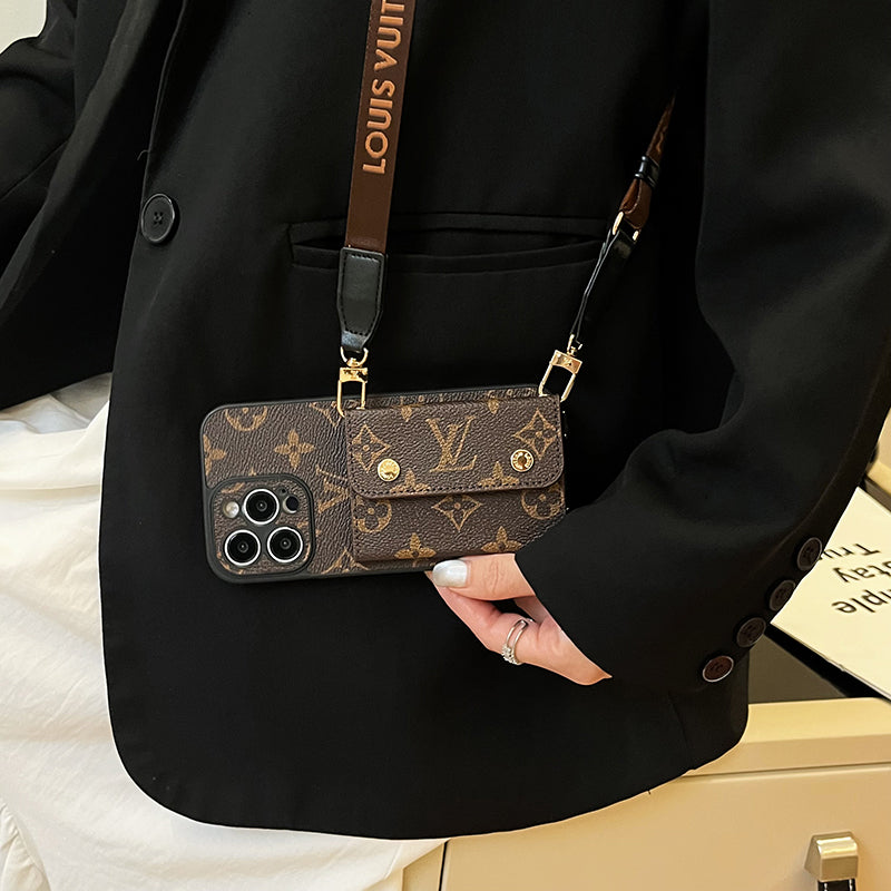 Funda de iPhone con cadena de bolso de tarjeta de lujo marrón
