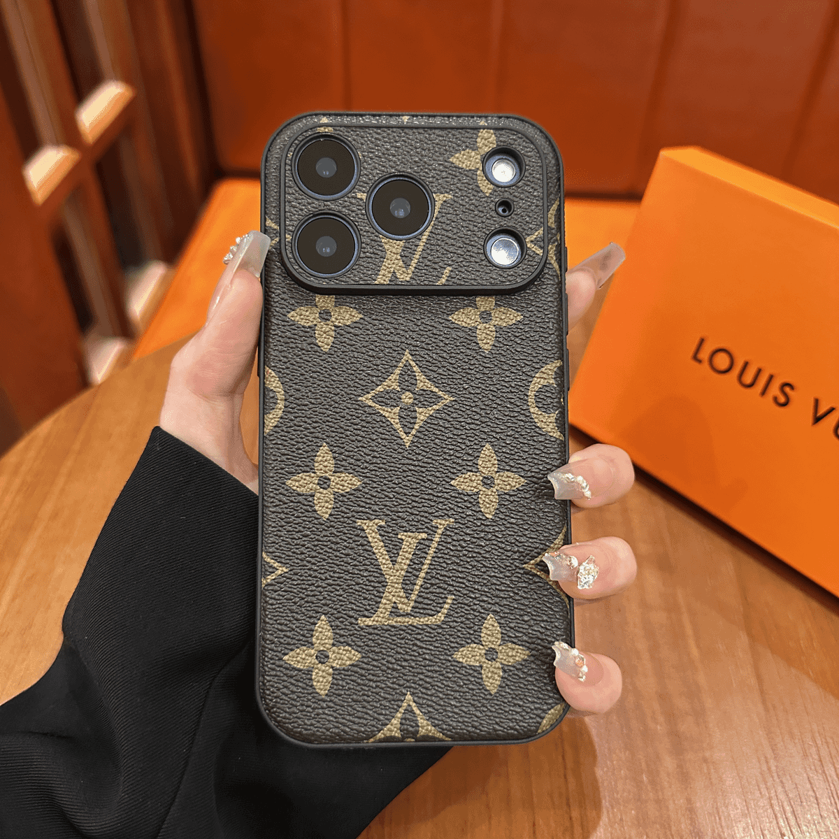 Funda protectora de cuero estampada de primera calidad para iPhone - Diseño de cubierta deslizante para cámara