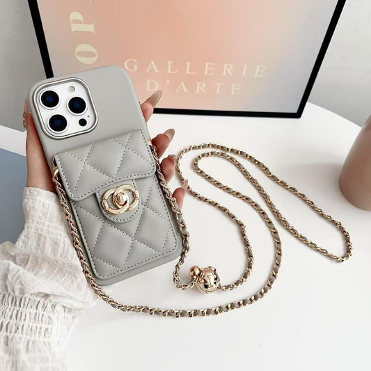 Funda cruzada acolchada para iPhone con correa de cadena y bolsillo para tarjetas